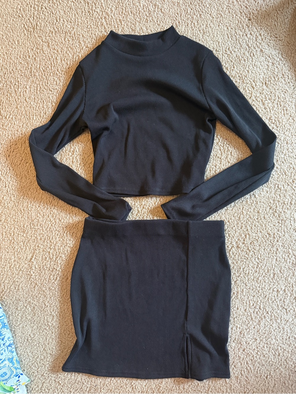 Fashion Nova Black Ribbed Long Sleeve Crop Top & Skirt Set